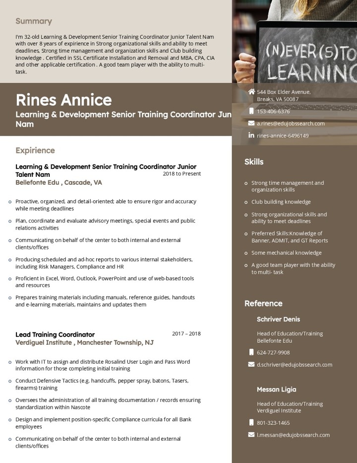 Learning & Development Senior Training Coordinator Junior Talent Nam Resume